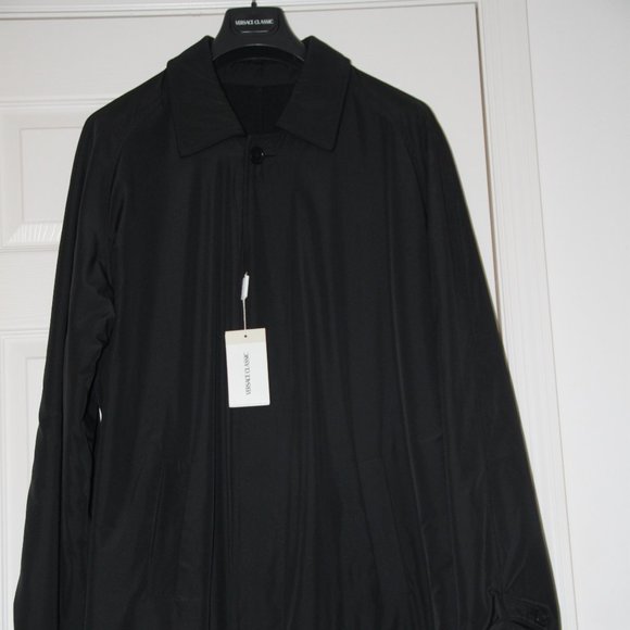 Versace Italy Men Reversible Coat Black Wool To Polyester Overcoat Size EU 54